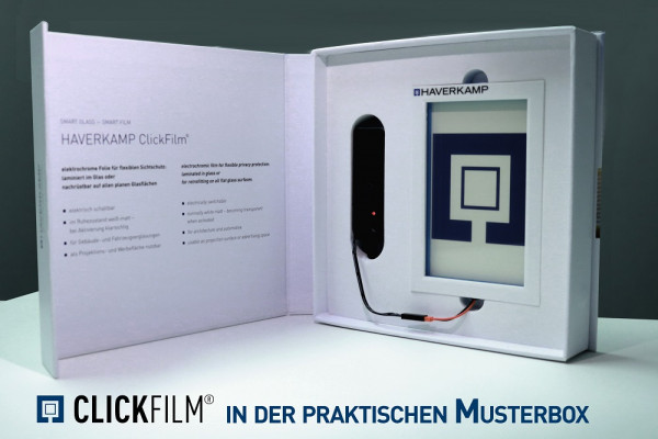 Musterbox der schaltbaren Folie ClickFilm® geöffnet